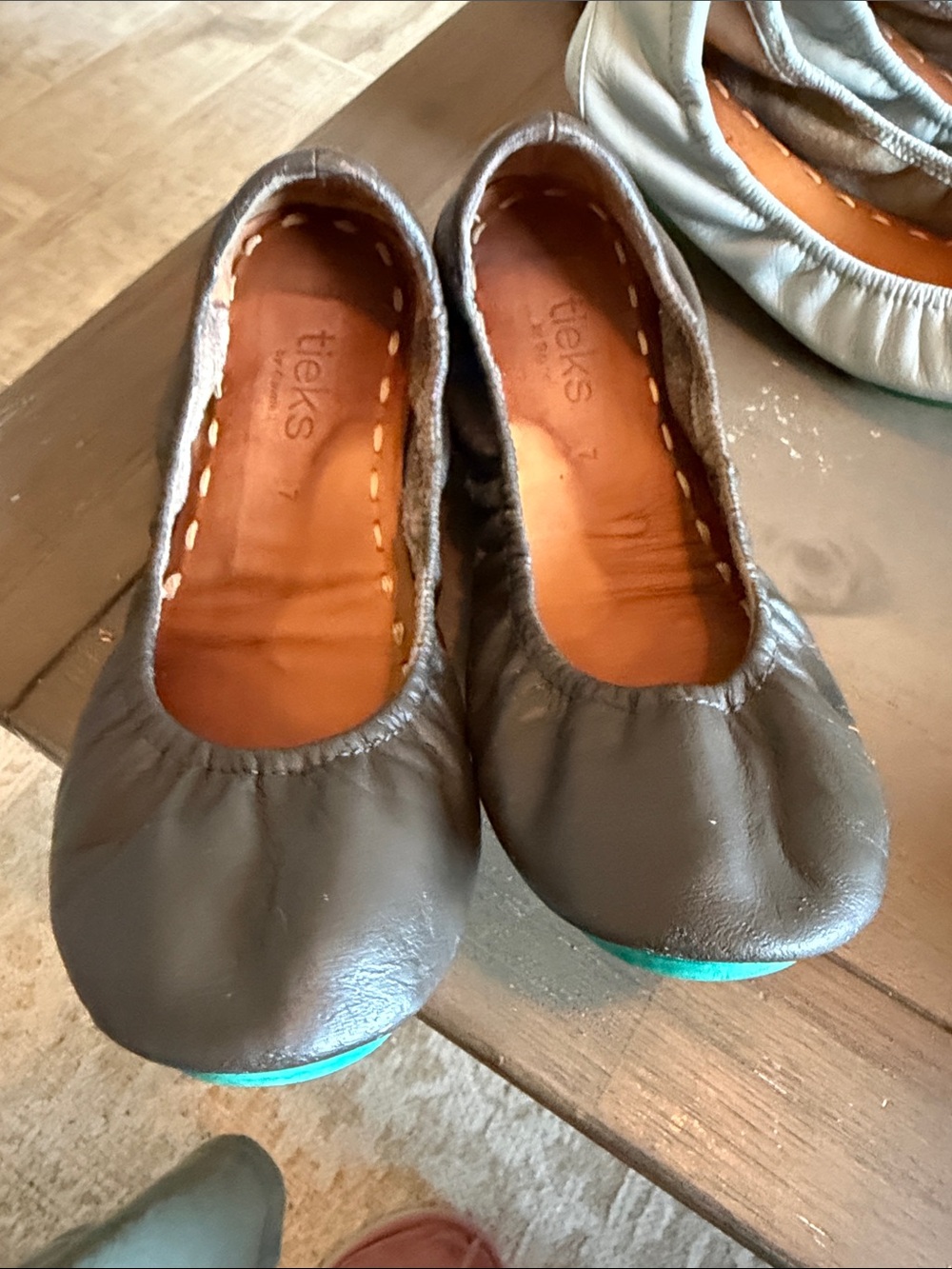 Tieks Dark Brown Leather Ballet Flats with Teal Soles